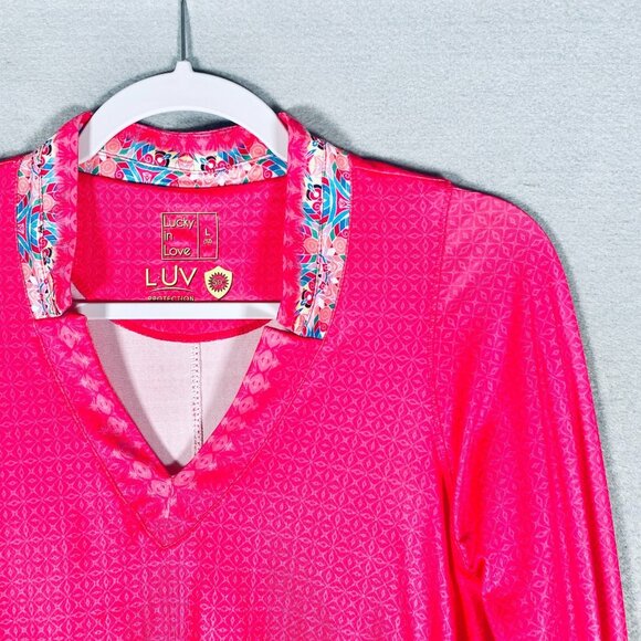 Lucky In Love Shirt Womens L Hot Pink Long Sleeve Pullover Tennis UPF 50 - Picture 5 of 14